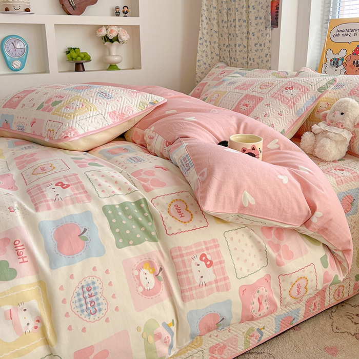 91家纺网 家纺一手货源 找家纺 羽爱家纺 2025新款A类全棉印花水洗床盖四件套系列 甜心猫猫