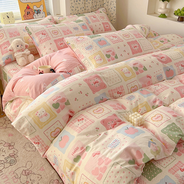 91家纺网 家纺一手货源 找家纺 羽爱家纺 2025新款A类全棉印花水洗床盖四件套系列 甜心猫猫