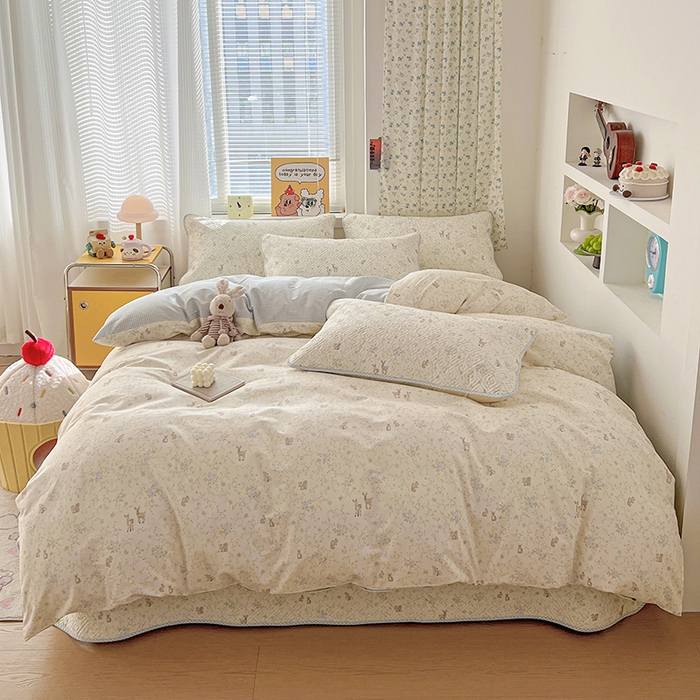 91家纺网 家纺一手货源 找家纺 羽爱家纺 2025新款A类全棉印花水洗床盖三件套系列 花间鹿