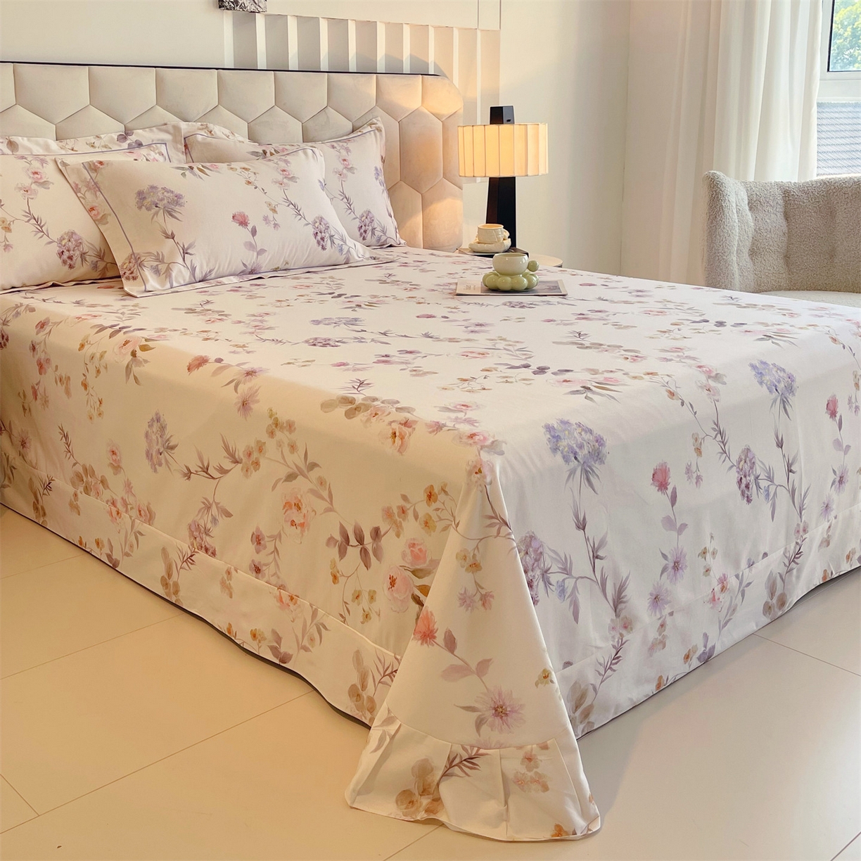 91家纺网 家纺一手货源 找家纺 宝齐莱家纺 2025新款全棉磨毛印花床单四件套-系列二 花前月下