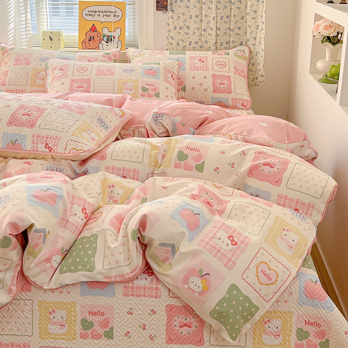 91家纺网 家纺一手货源 找家纺 羽爱家纺 2025新款A类全棉印花水洗床盖三件套系列 甜心猫猫