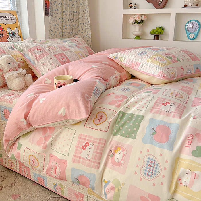 91家纺网 家纺一手货源 找家纺 羽爱家纺 2025新款A类全棉印花水洗床盖三件套系列 甜心猫猫