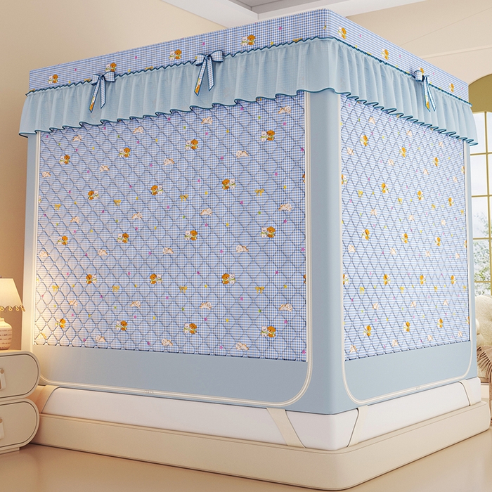 91家纺网 家纺一手货源 找家纺 锦逸家居 2025新款遮光防蚊坐床蚊帐加厚保暖夹棉蚊帐 快乐好朋友