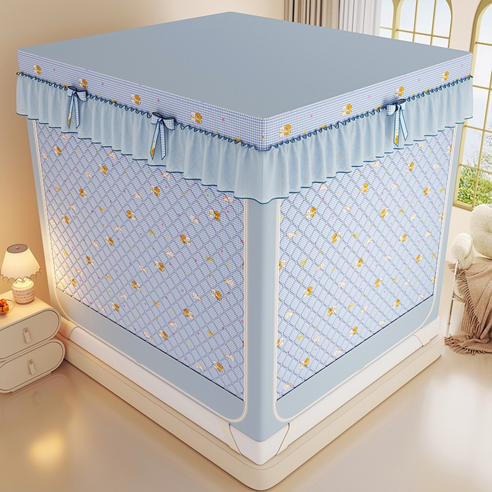 91家纺网 家纺一手货源 找家纺 锦逸家居 2025新款遮光防蚊坐床蚊帐加厚保暖夹棉蚊帐 快乐好朋友