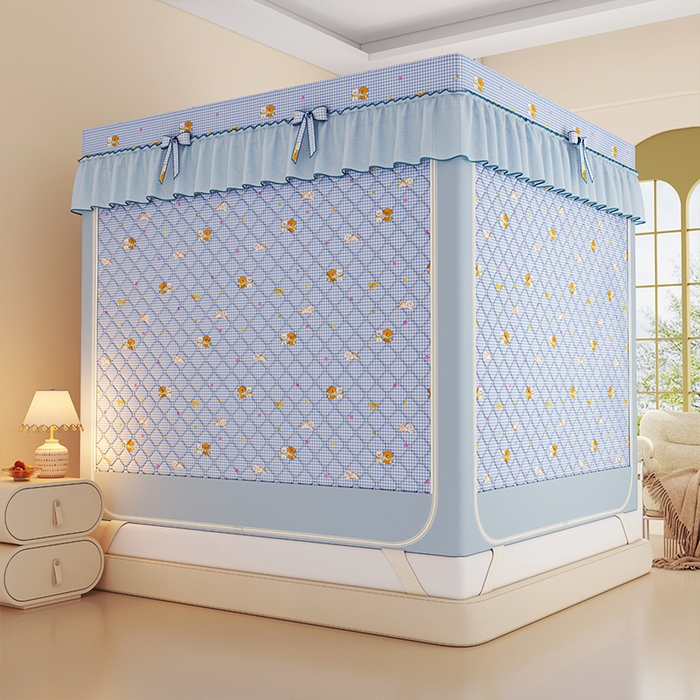 91家纺网 家纺一手货源 找家纺 锦逸家居 2025新款遮光防蚊坐床蚊帐加厚保暖夹棉蚊帐 快乐好朋友