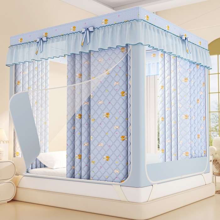 91家纺网 家纺一手货源 找家纺 锦逸家居 2025新款遮光防蚊坐床蚊帐加厚保暖夹棉蚊帐 快乐好朋友