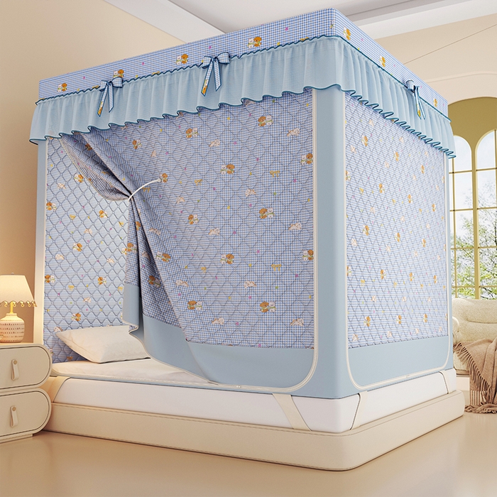 91家纺网 家纺一手货源 找家纺 锦逸家居 2025新款遮光防蚊坐床蚊帐加厚保暖夹棉蚊帐 快乐好朋友