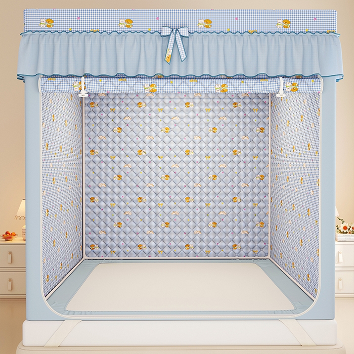 91家纺网 家纺一手货源 找家纺 锦逸家居 2025新款遮光防蚊坐床蚊帐加厚保暖夹棉蚊帐 快乐好朋友