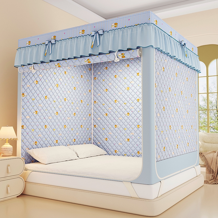 91家纺网 家纺一手货源 找家纺 锦逸家居 2025新款遮光防蚊坐床蚊帐加厚保暖夹棉蚊帐 快乐好朋友