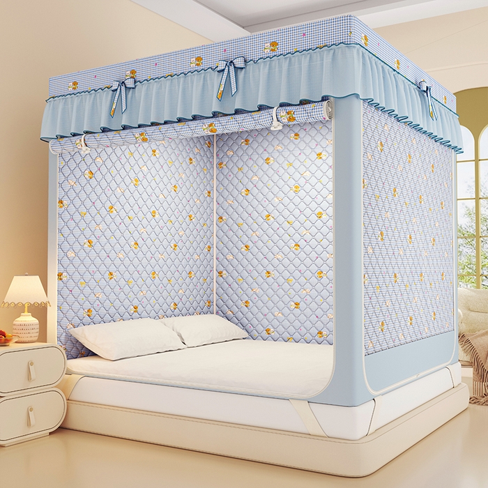 91家纺网 家纺一手货源 找家纺 锦逸家居 2025新款遮光防蚊坐床蚊帐加厚保暖夹棉蚊帐 快乐好朋友