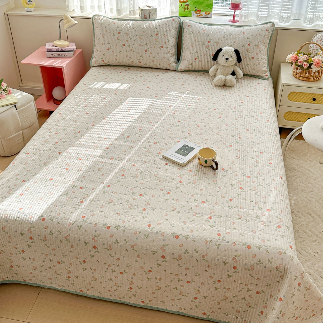 91家纺网 家纺一手货源 找家纺 恒尚居 2026新款纯棉牛奶绒床盖双面两用夹棉床单床垫-秋冬款 四季通用 清新草莓【A纯棉-B牛奶绒】