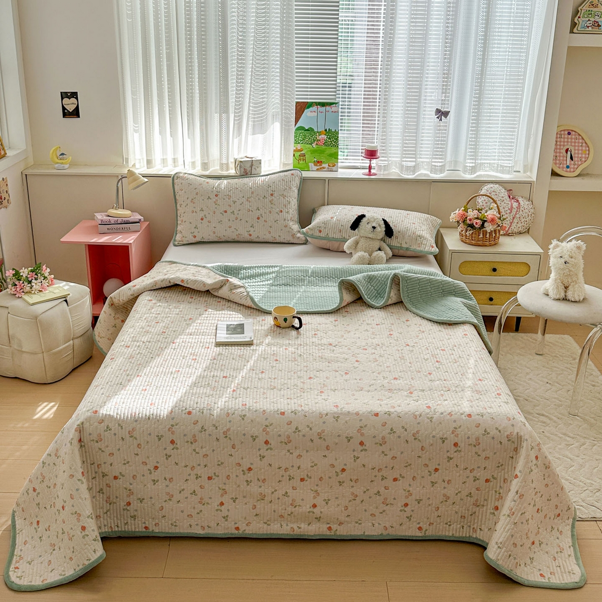 91家纺网 家纺一手货源 找家纺 恒尚居 2026新款纯棉牛奶绒床盖双面两用夹棉床单床垫-秋冬款 四季通用 清新草莓【A纯棉-B牛奶绒】