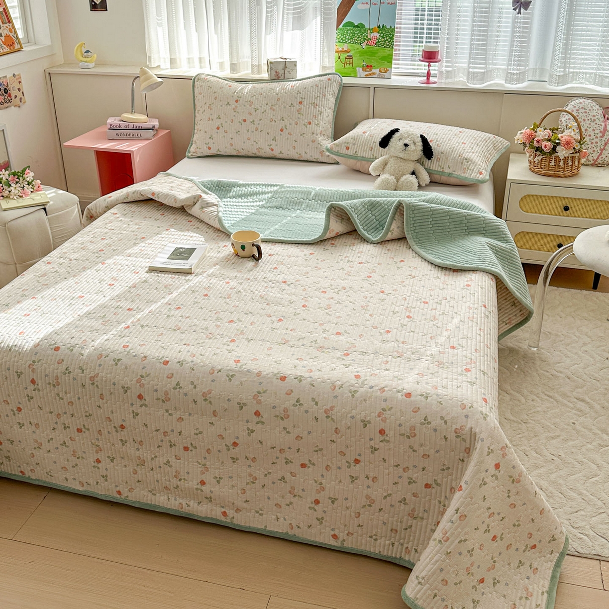 91家纺网 家纺一手货源 找家纺 恒尚居 2026新款纯棉牛奶绒床盖双面两用夹棉床单床垫-秋冬款 四季通用 清新草莓【A纯棉-B牛奶绒】