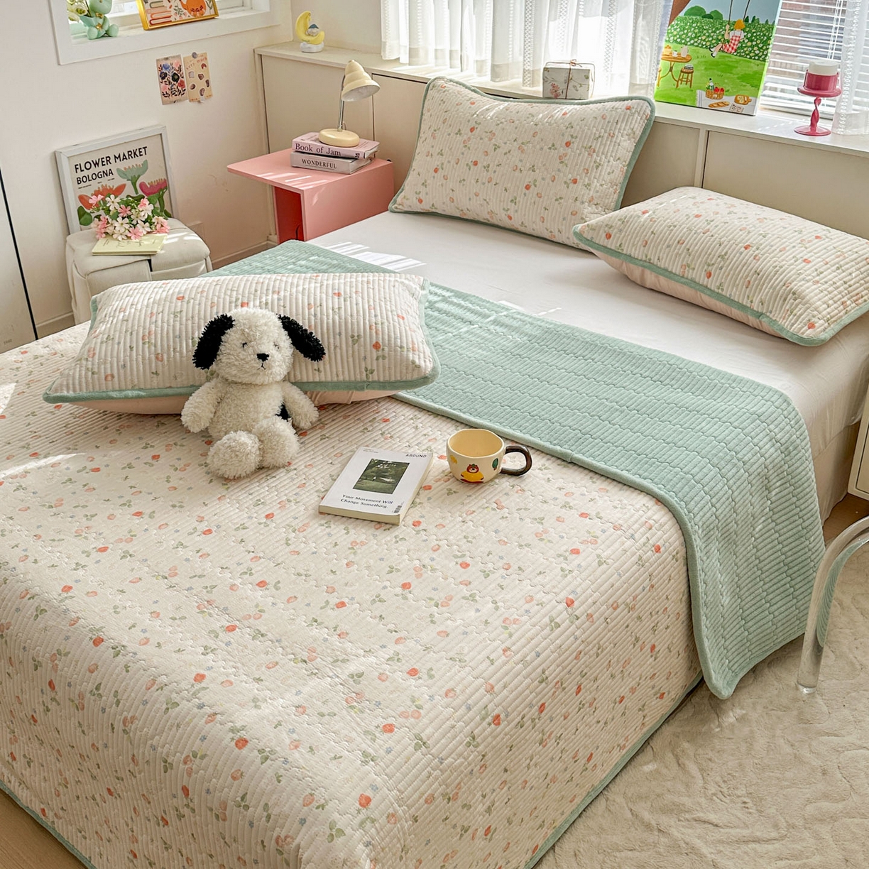 91家纺网 家纺一手货源 找家纺 恒尚居 2026新款纯棉牛奶绒床盖双面两用夹棉床单床垫-秋冬款 四季通用 清新草莓【A纯棉-B牛奶绒】