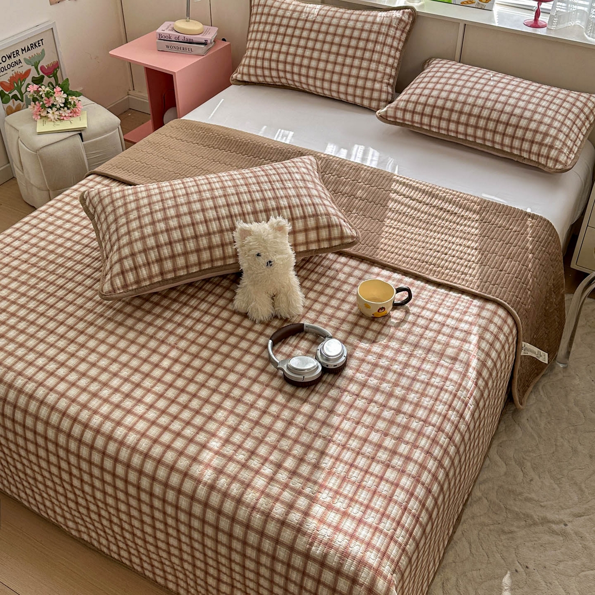 91家纺网 家纺一手货源 找家纺 恒尚居 2026新款纯棉牛奶绒床盖双面两用夹棉床单床垫-秋冬款 四季通用 咖啡格【A纯棉-B牛奶绒】