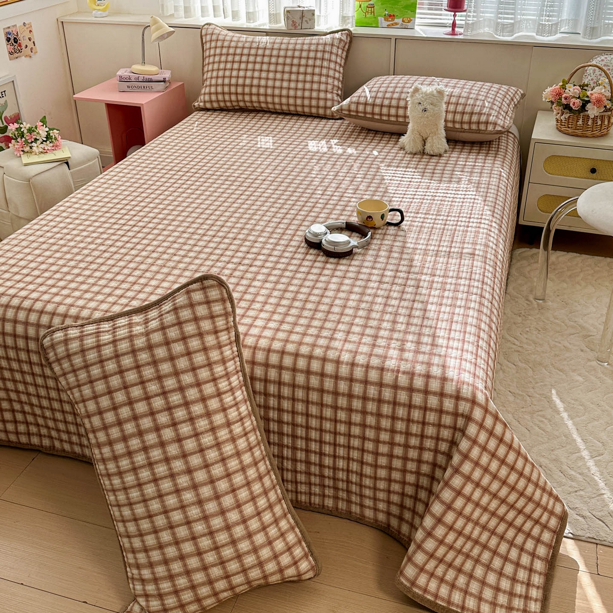 91家纺网 家纺一手货源 找家纺 恒尚居 2026新款纯棉牛奶绒床盖双面两用夹棉床单床垫-秋冬款 四季通用 咖啡格【A纯棉-B牛奶绒】