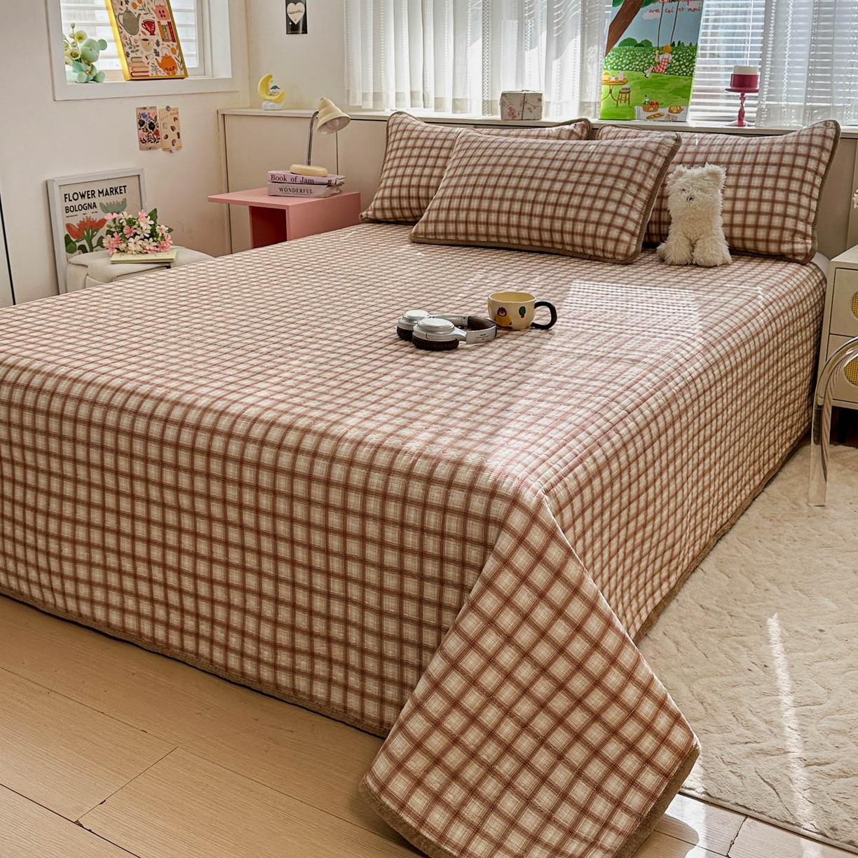 91家纺网 家纺一手货源 找家纺 恒尚居 2026新款纯棉牛奶绒床盖双面两用夹棉床单床垫-秋冬款 四季通用 咖啡格【A纯棉-B牛奶绒】