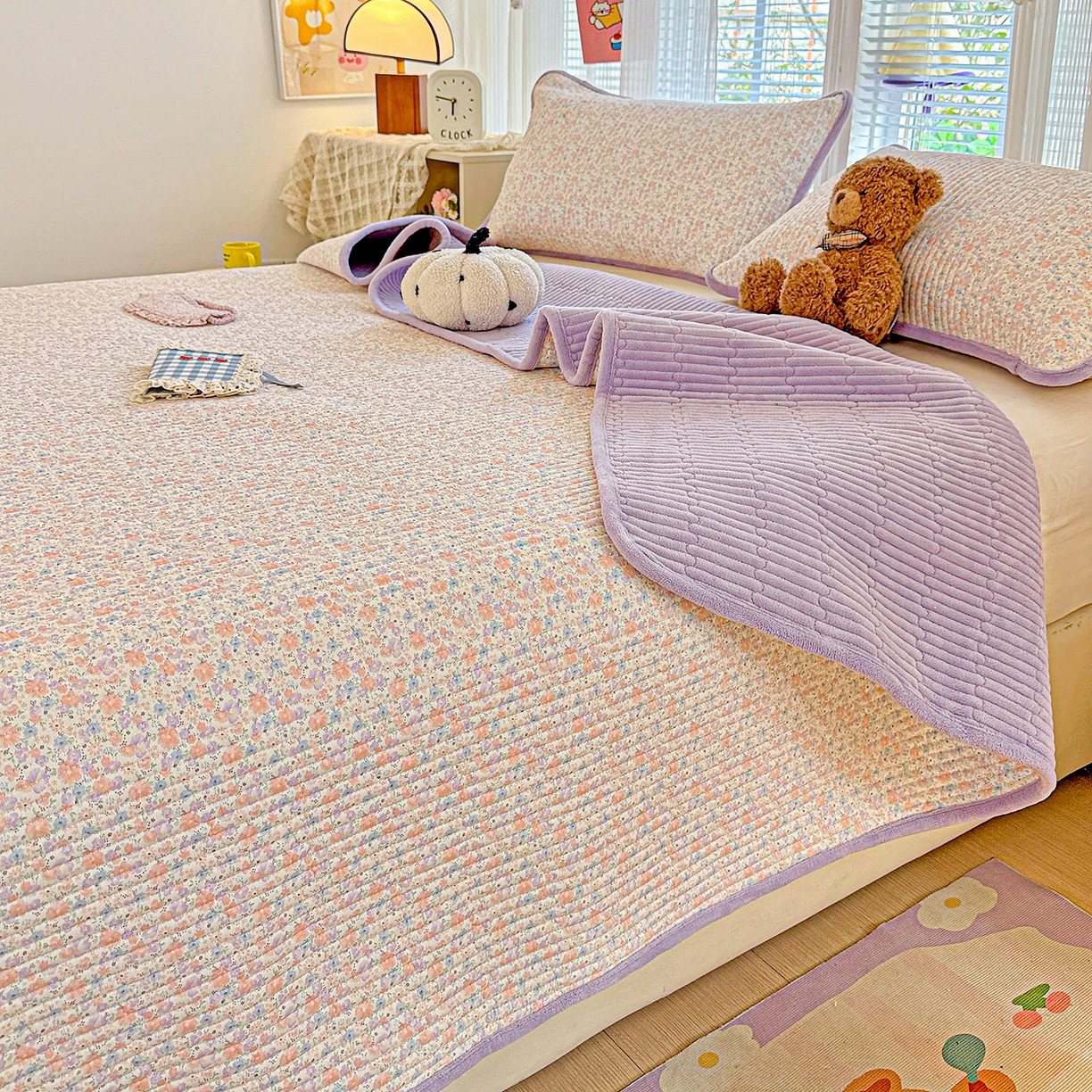 91家纺网 家纺一手货源 找家纺 恒尚居 2026新款纯棉牛奶绒床盖双面两用夹棉床单床垫-秋冬款 四季通用 初梦【A纯棉-B牛奶绒】