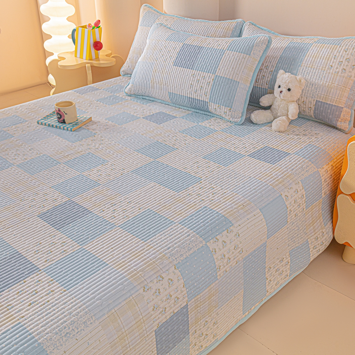 91家纺网 家纺一手货源 找家纺 恒尚居 2026新款纯棉牛奶绒床盖双面两用夹棉床单床垫-秋冬款 四季通用 芳菲-蓝【A纯棉-B牛奶绒】