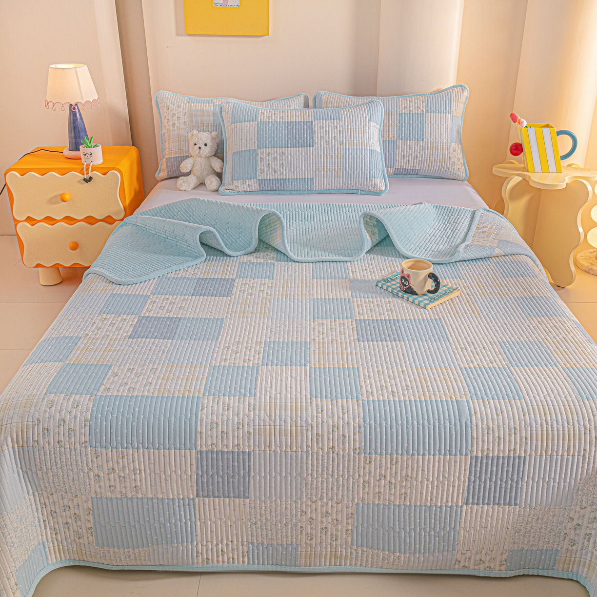 91家纺网 家纺一手货源 找家纺 恒尚居 2026新款纯棉牛奶绒床盖双面两用夹棉床单床垫-秋冬款 四季通用 芳菲-蓝【A纯棉-B牛奶绒】