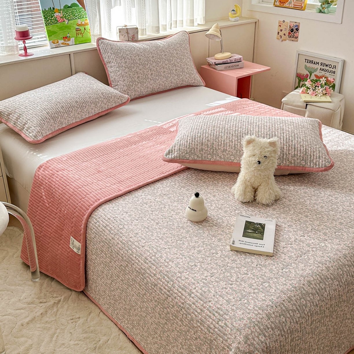 91家纺网 家纺一手货源 找家纺 恒尚居 2026新款纯棉牛奶绒床盖双面两用夹棉床单床垫-秋冬款 四季通用 花海【A纯棉-B牛奶绒】