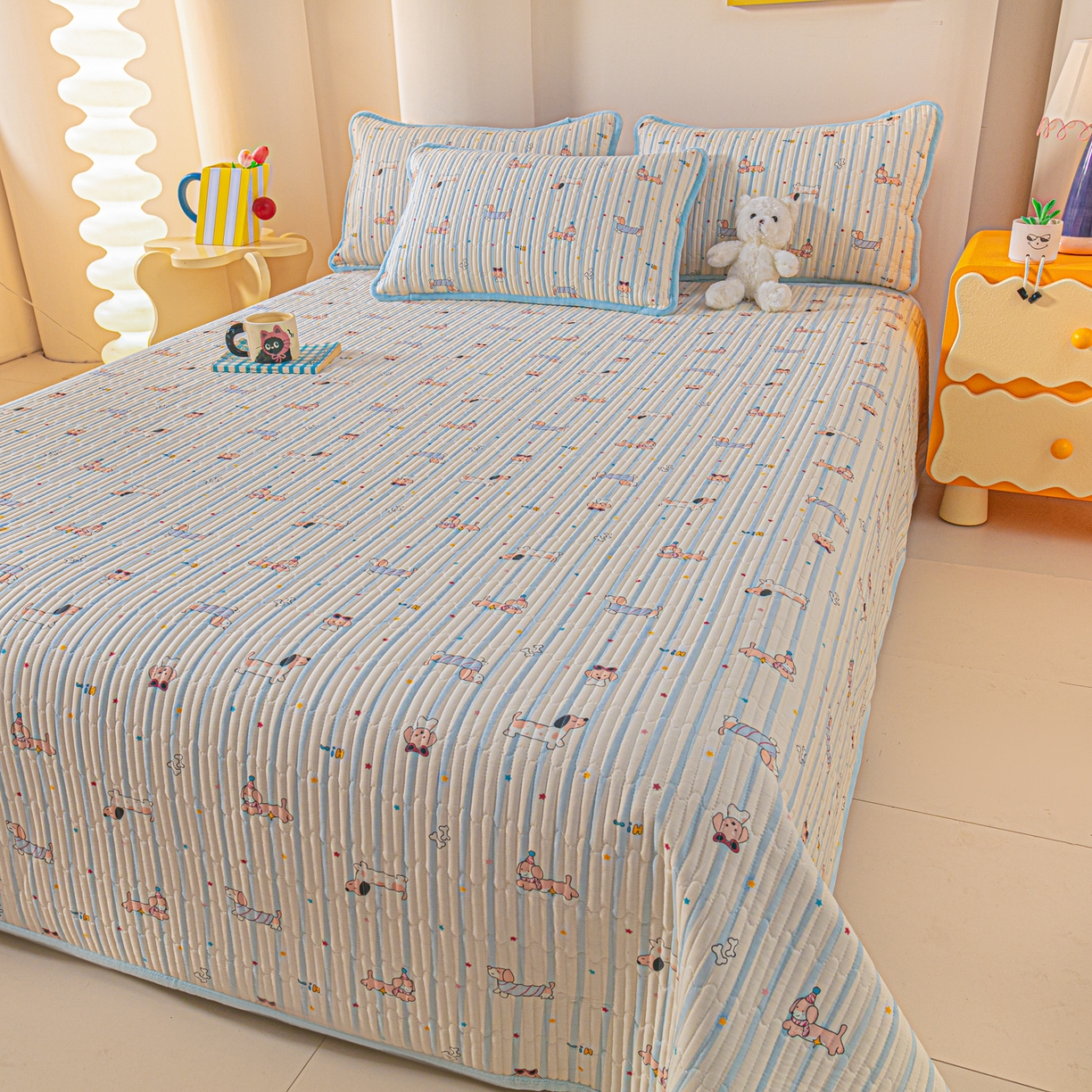 91家纺网 家纺一手货源 找家纺 恒尚居 2026新款纯棉牛奶绒床盖双面两用夹棉床单床垫-秋冬款 四季通用 机灵旺仔【A纯棉-B牛奶绒】