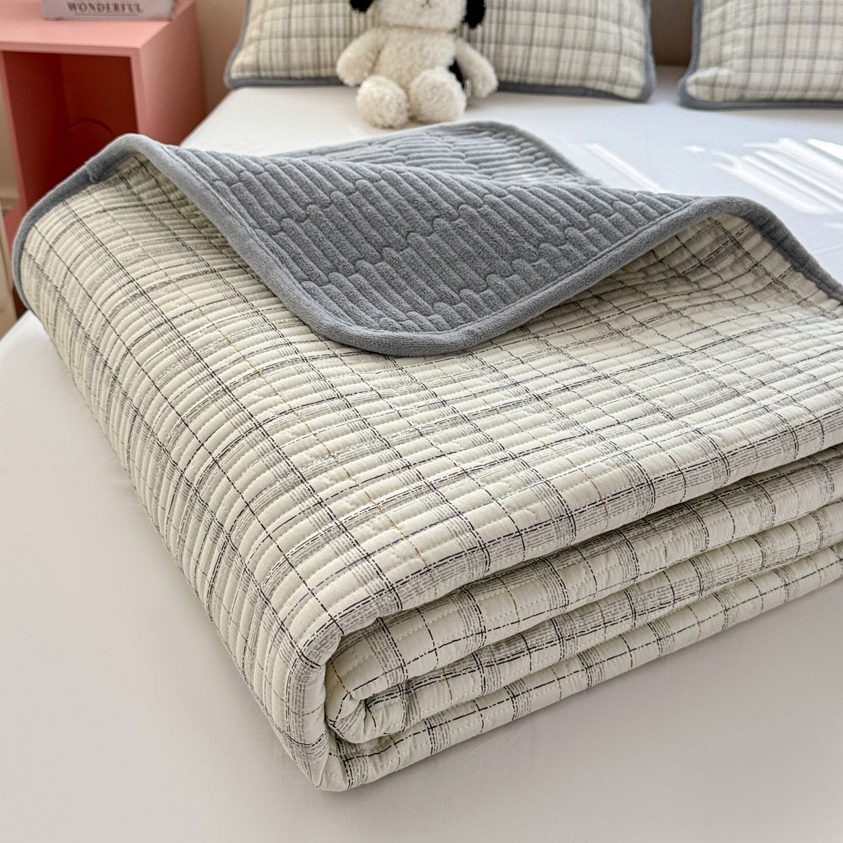 恒尚居 2026新款纯棉牛奶绒床盖双面两用夹棉床单床垫-秋冬款 四季通用 简约格【A纯棉-B牛奶绒】