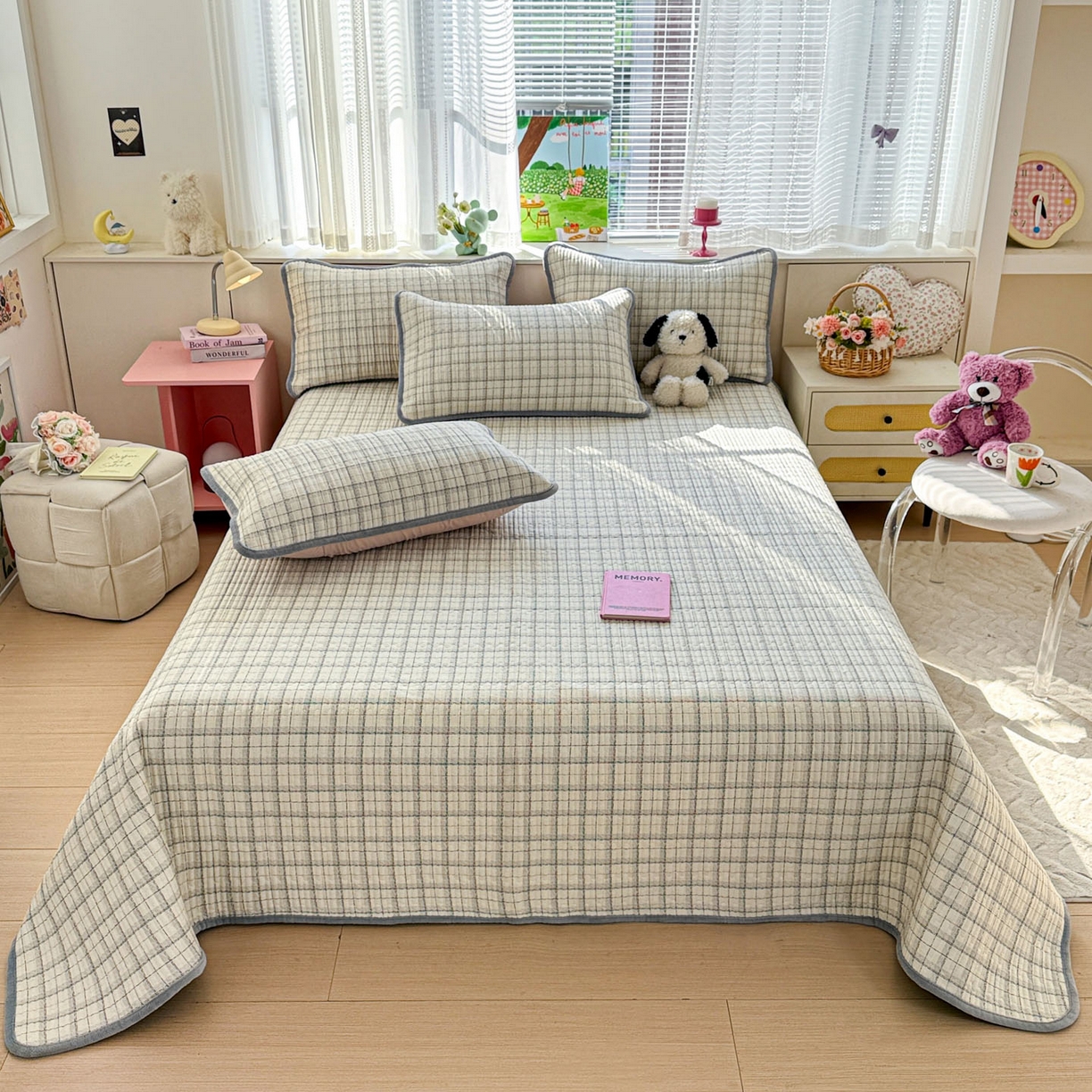 91家纺网 家纺一手货源 找家纺 恒尚居 2026新款纯棉牛奶绒床盖双面两用夹棉床单床垫-秋冬款 四季通用 简约格【A纯棉-B牛奶绒】