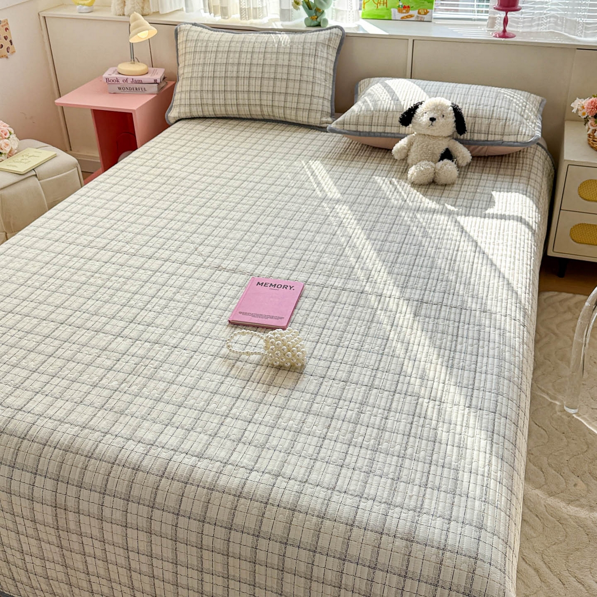 91家纺网 家纺一手货源 找家纺 恒尚居 2026新款纯棉牛奶绒床盖双面两用夹棉床单床垫-秋冬款 四季通用 简约格【A纯棉-B牛奶绒】