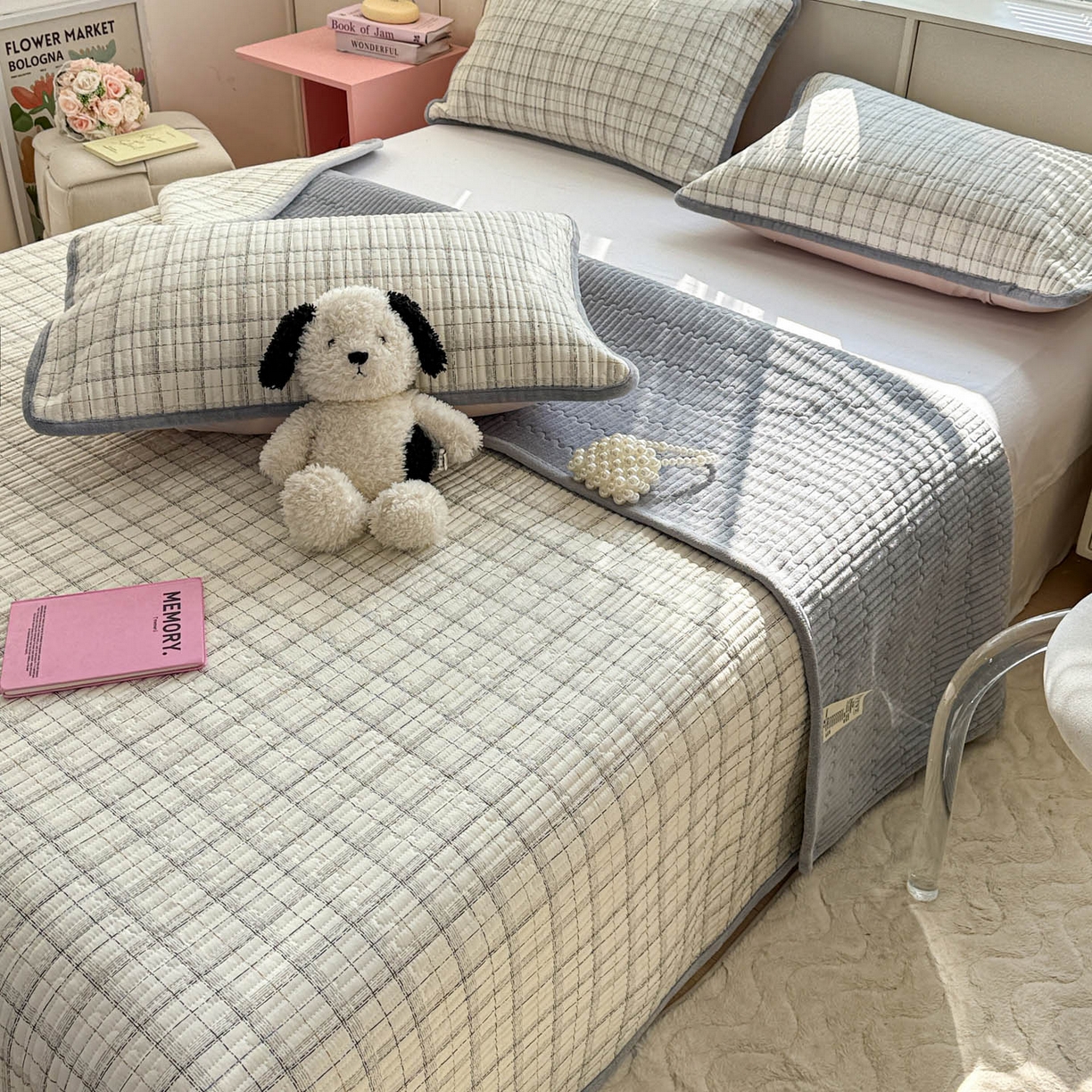 91家纺网 家纺一手货源 找家纺 恒尚居 2026新款纯棉牛奶绒床盖双面两用夹棉床单床垫-秋冬款 四季通用 简约格【A纯棉-B牛奶绒】