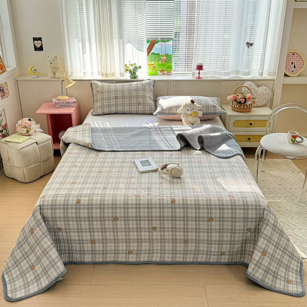 91家纺网 家纺一手货源 找家纺 恒尚居 2026新款纯棉牛奶绒床盖双面两用夹棉床单床垫-秋冬款 四季通用 米熊格【A纯棉-B牛奶绒】