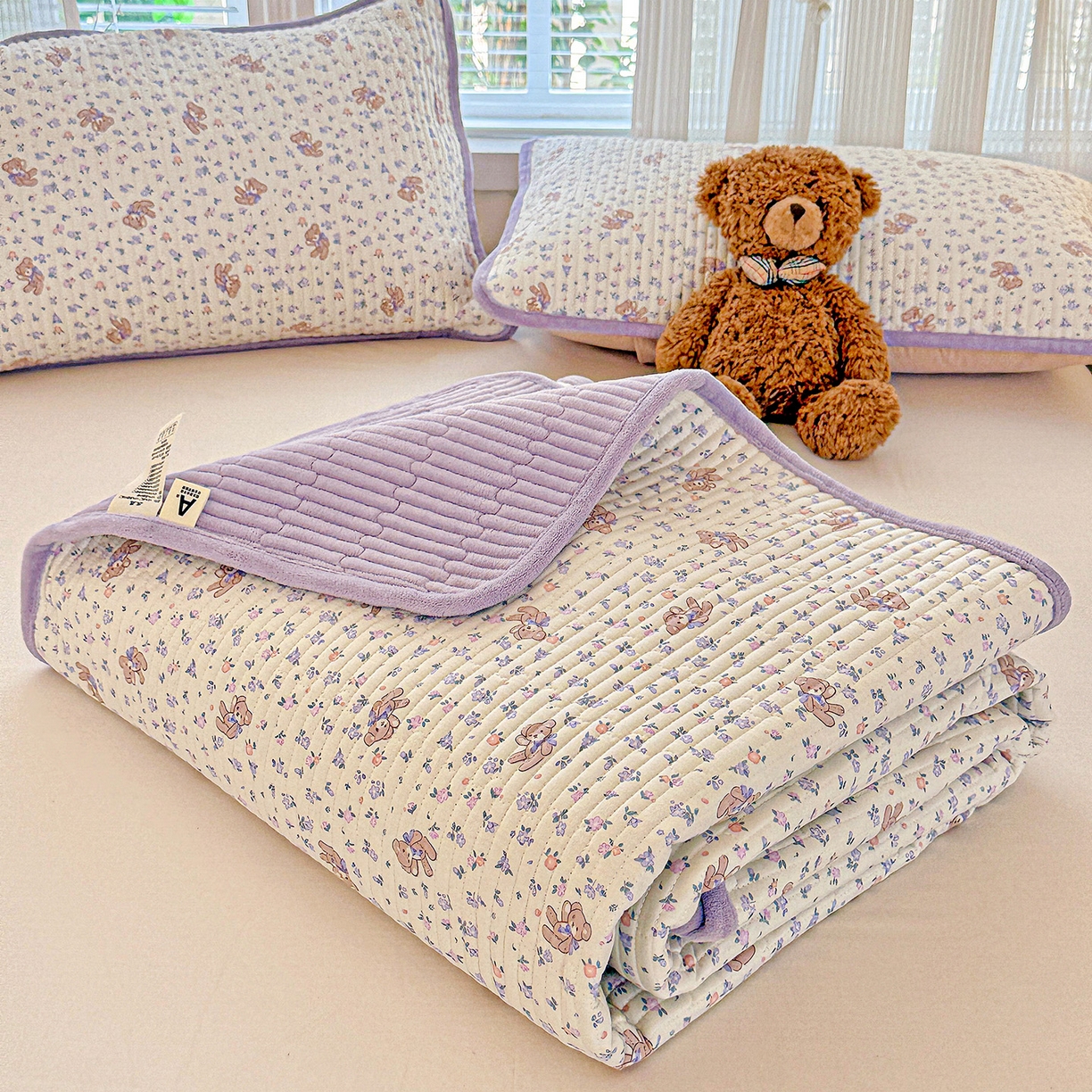 恒尚居 2026新款纯棉牛奶绒床盖双面两用夹棉床单床垫-秋冬款 四季通用 清茶小熊【A纯棉-B牛奶绒】