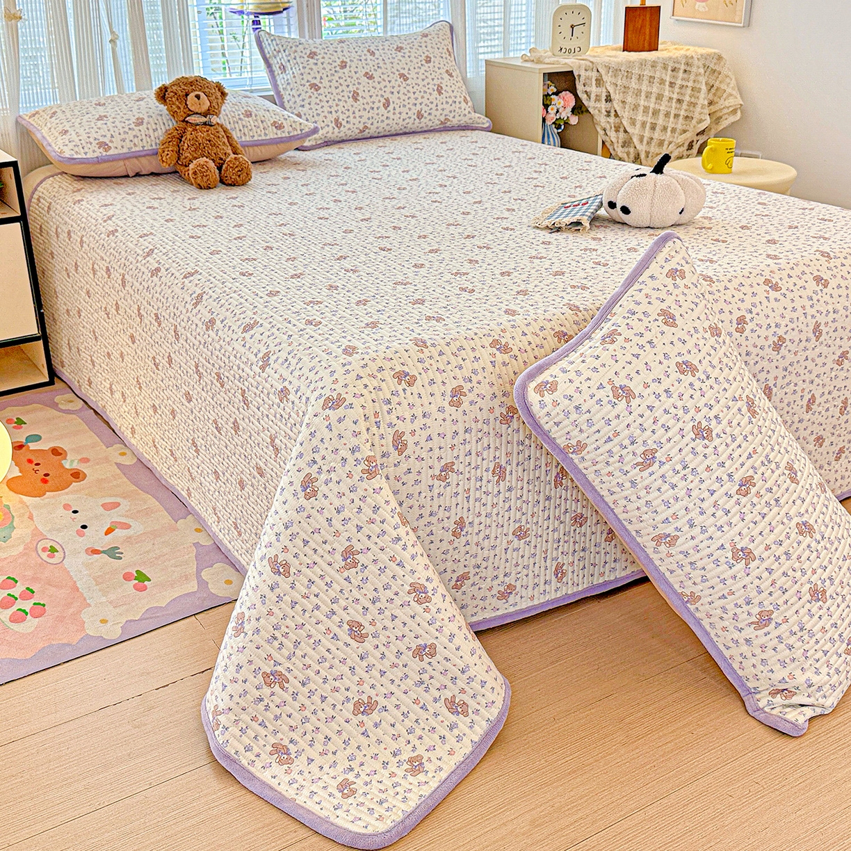 91家纺网 家纺一手货源 找家纺 恒尚居 2026新款纯棉牛奶绒床盖双面两用夹棉床单床垫-秋冬款 四季通用 清茶小熊【A纯棉-B牛奶绒】