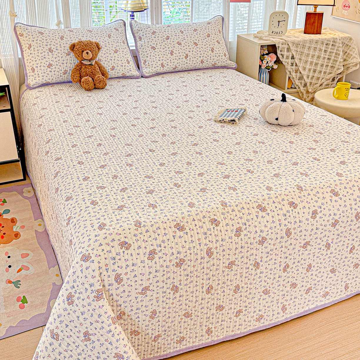 91家纺网 家纺一手货源 找家纺 恒尚居 2026新款纯棉牛奶绒床盖双面两用夹棉床单床垫-秋冬款 四季通用 清茶小熊【A纯棉-B牛奶绒】