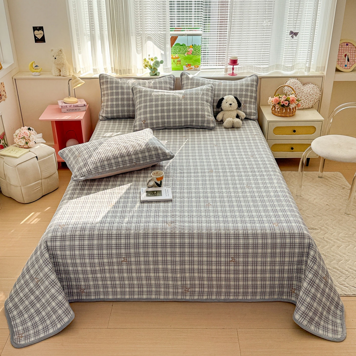 91家纺网 家纺一手货源 找家纺 恒尚居 2026新款纯棉牛奶绒床盖双面两用夹棉床单床垫-秋冬款 四季通用 淑女格-灰【A纯棉-B牛奶绒】