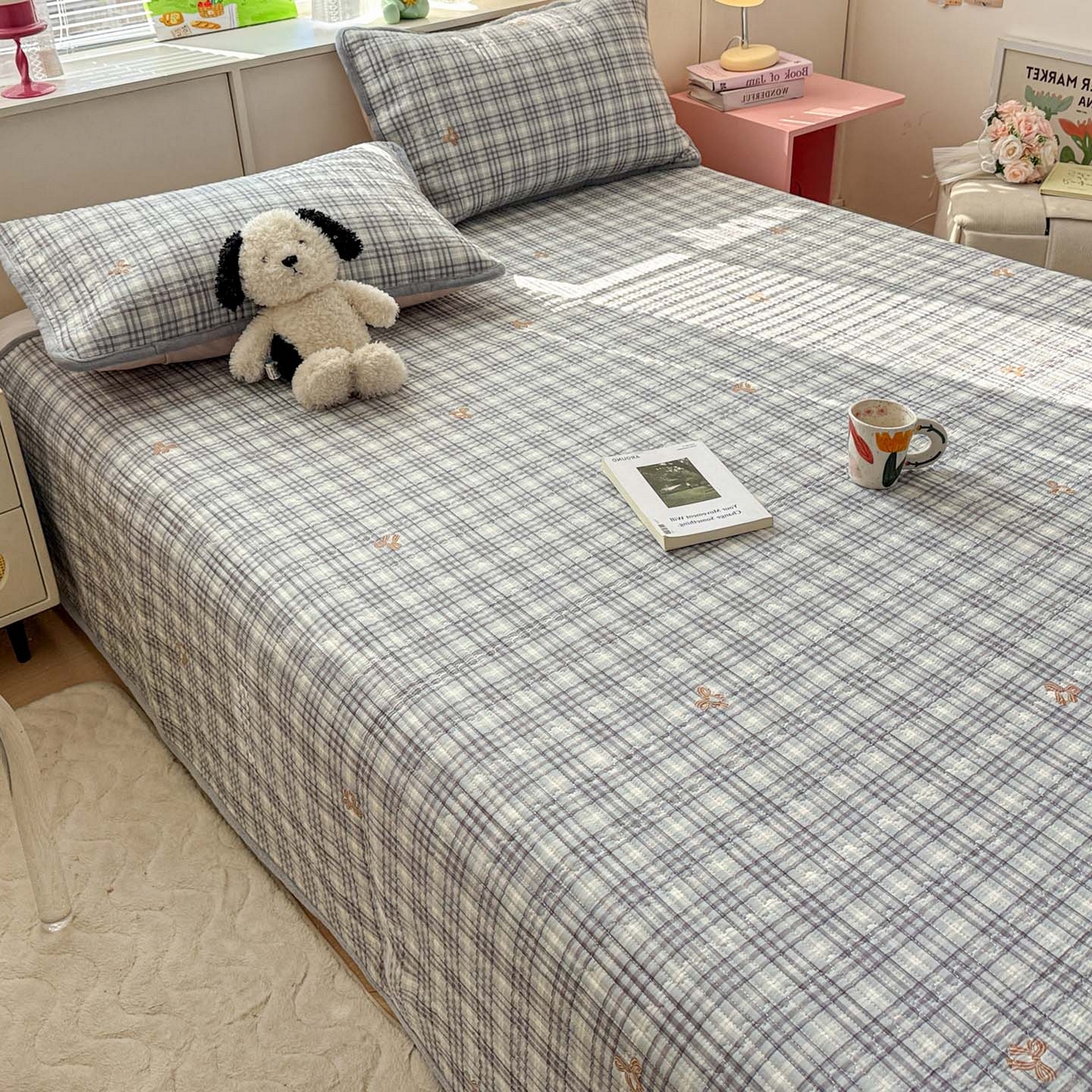 91家纺网 家纺一手货源 找家纺 恒尚居 2026新款纯棉牛奶绒床盖双面两用夹棉床单床垫-秋冬款 四季通用 淑女格-灰【A纯棉-B牛奶绒】