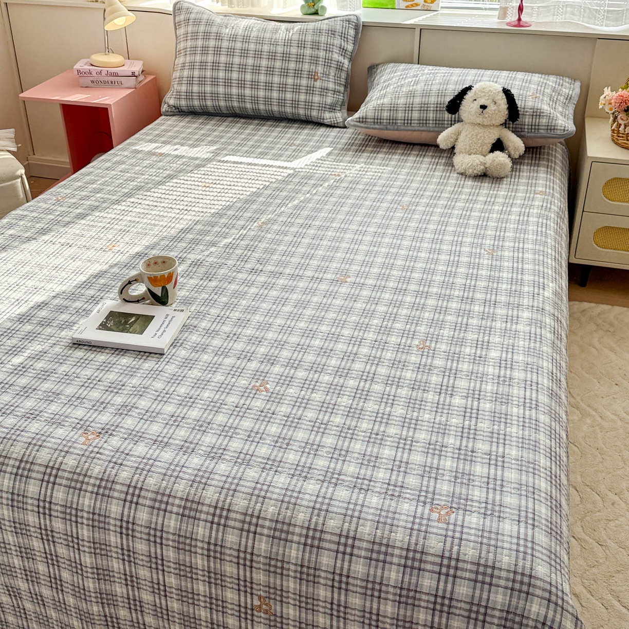 91家纺网 家纺一手货源 找家纺 恒尚居 2026新款纯棉牛奶绒床盖双面两用夹棉床单床垫-秋冬款 四季通用 淑女格-灰【A纯棉-B牛奶绒】