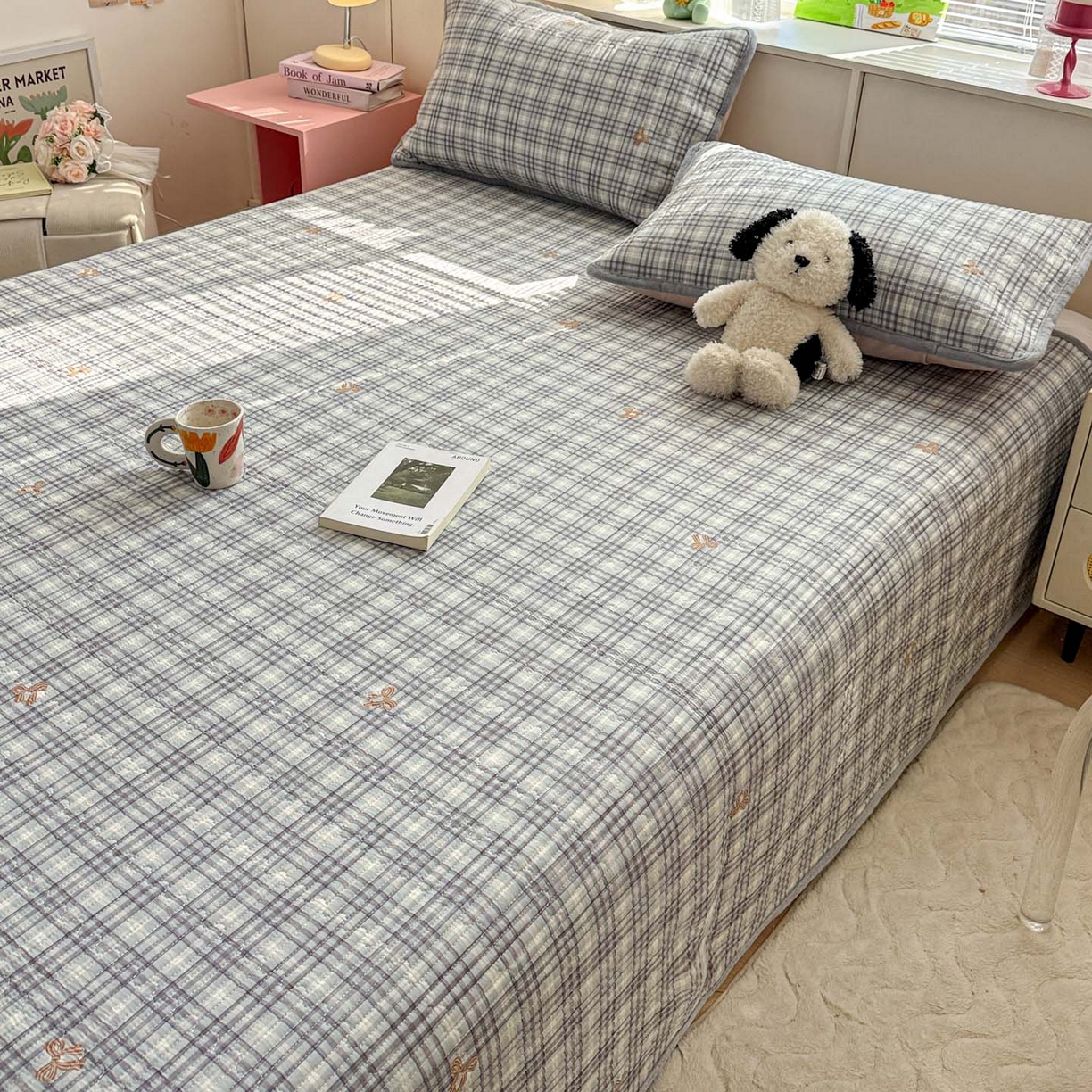 91家纺网 家纺一手货源 找家纺 恒尚居 2026新款纯棉牛奶绒床盖双面两用夹棉床单床垫-秋冬款 四季通用 淑女格-灰【A纯棉-B牛奶绒】