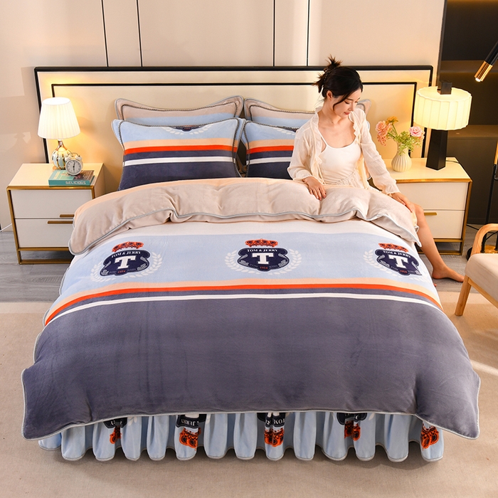 91家纺网 家纺一手货源 找家纺 橘姿 2025新款8-9斤床裙款牛奶绒四件套金貂绒法兰绒宝宝绒时尚潮流