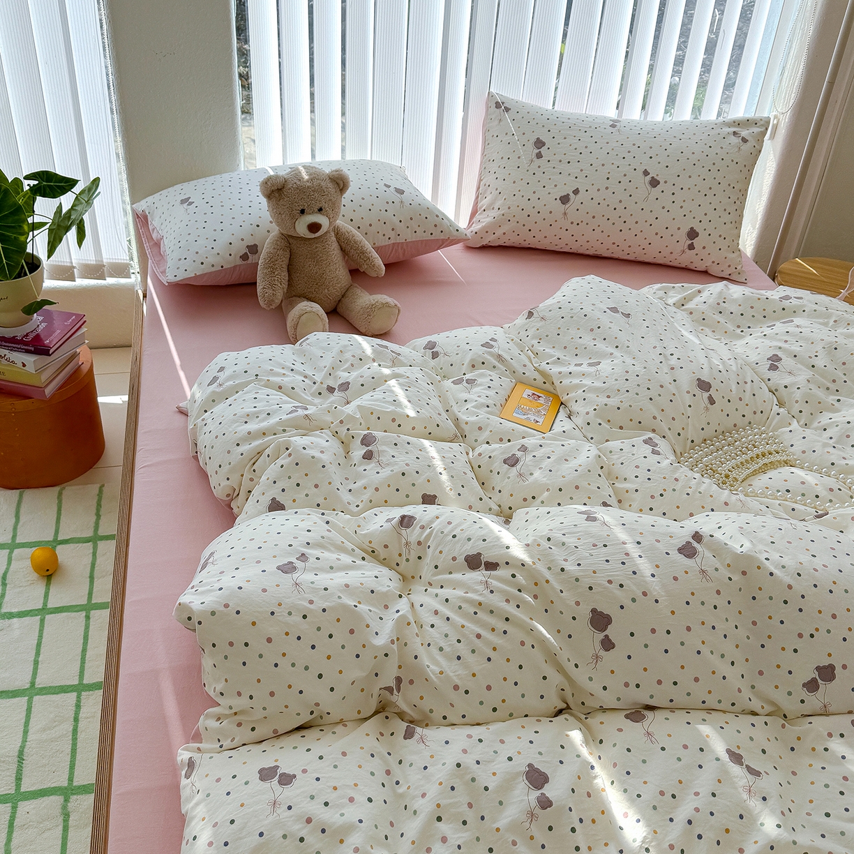 91家纺网 家纺一手货源 找家纺 竹合家纺 2026新款春款A类古法水洗仿棉云感棉小布袋四件套 波点气球