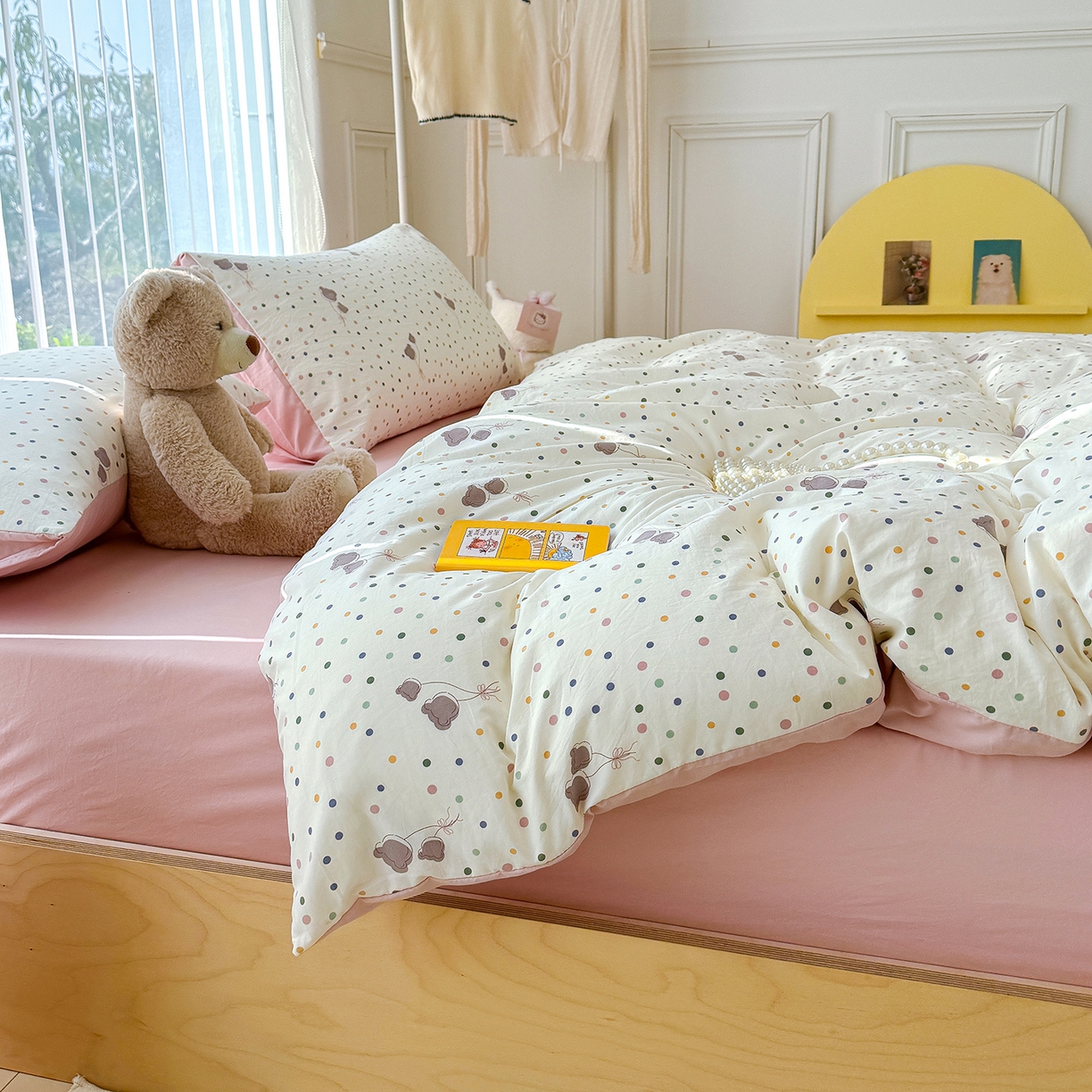 91家纺网 家纺一手货源 找家纺 竹合家纺 2026新款春款A类古法水洗仿棉云感棉小布袋四件套 波点气球