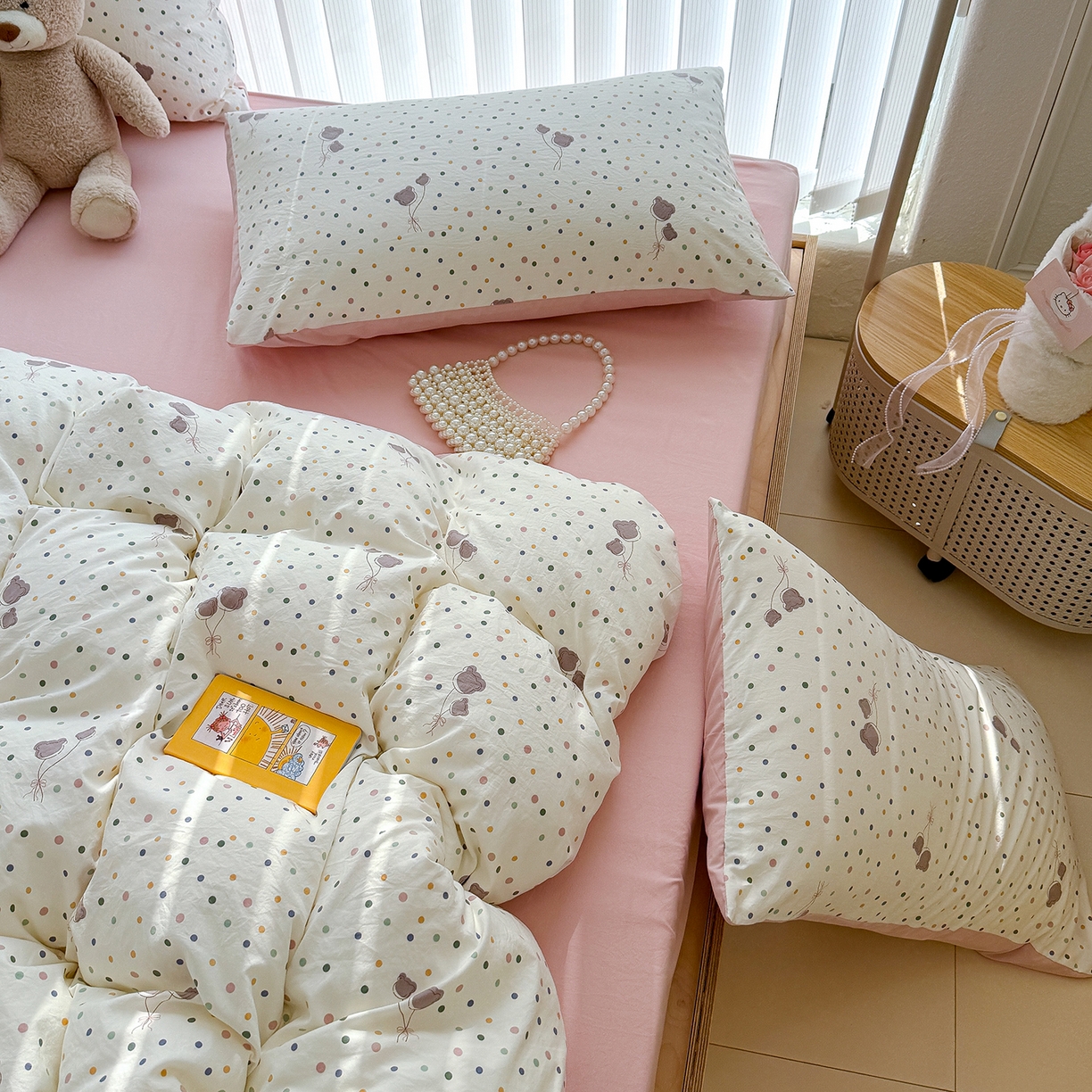 91家纺网 家纺一手货源 找家纺 竹合家纺 2026新款春款A类古法水洗仿棉云感棉小布袋四件套 波点气球