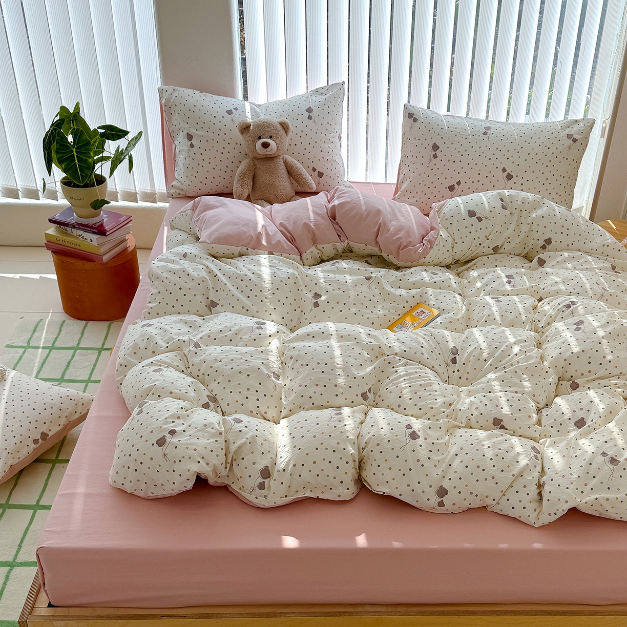 91家纺网 家纺一手货源 找家纺 竹合家纺 2026新款春款A类古法水洗仿棉云感棉小布袋四件套 波点气球