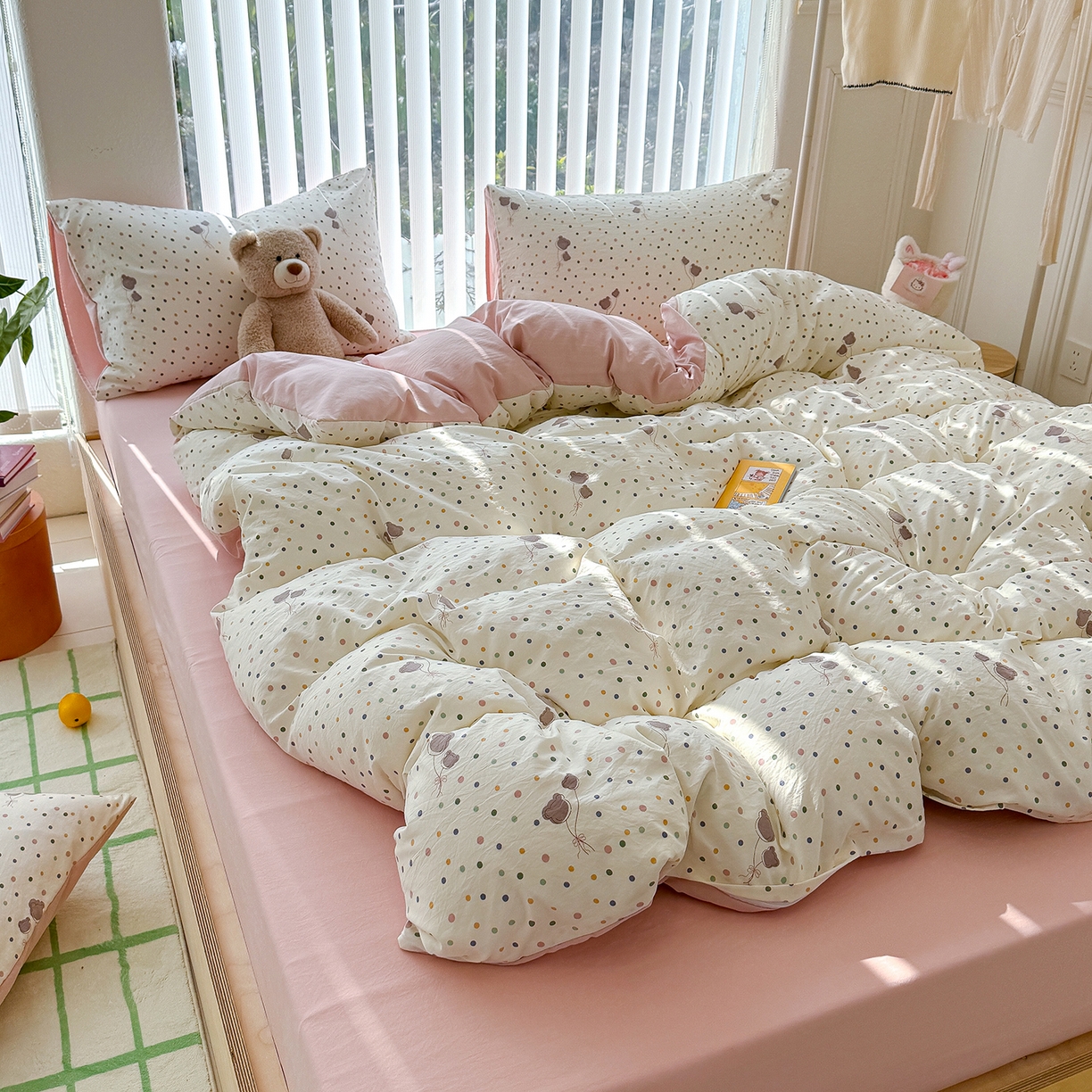 91家纺网 家纺一手货源 找家纺 竹合家纺 2026新款春款A类古法水洗仿棉云感棉小布袋四件套 波点气球