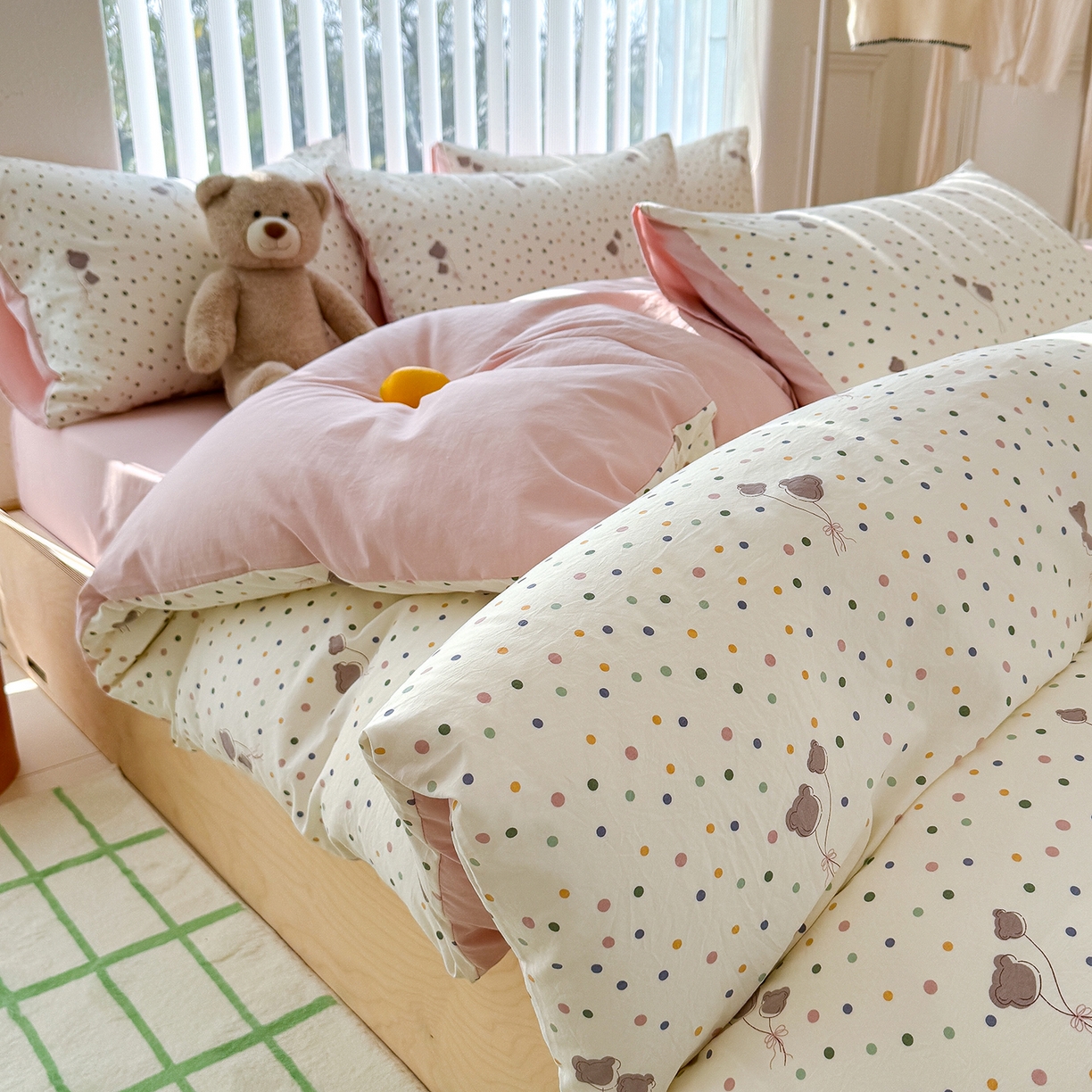 91家纺网 家纺一手货源 找家纺 竹合家纺 2026新款春款A类古法水洗仿棉云感棉小布袋四件套 波点气球