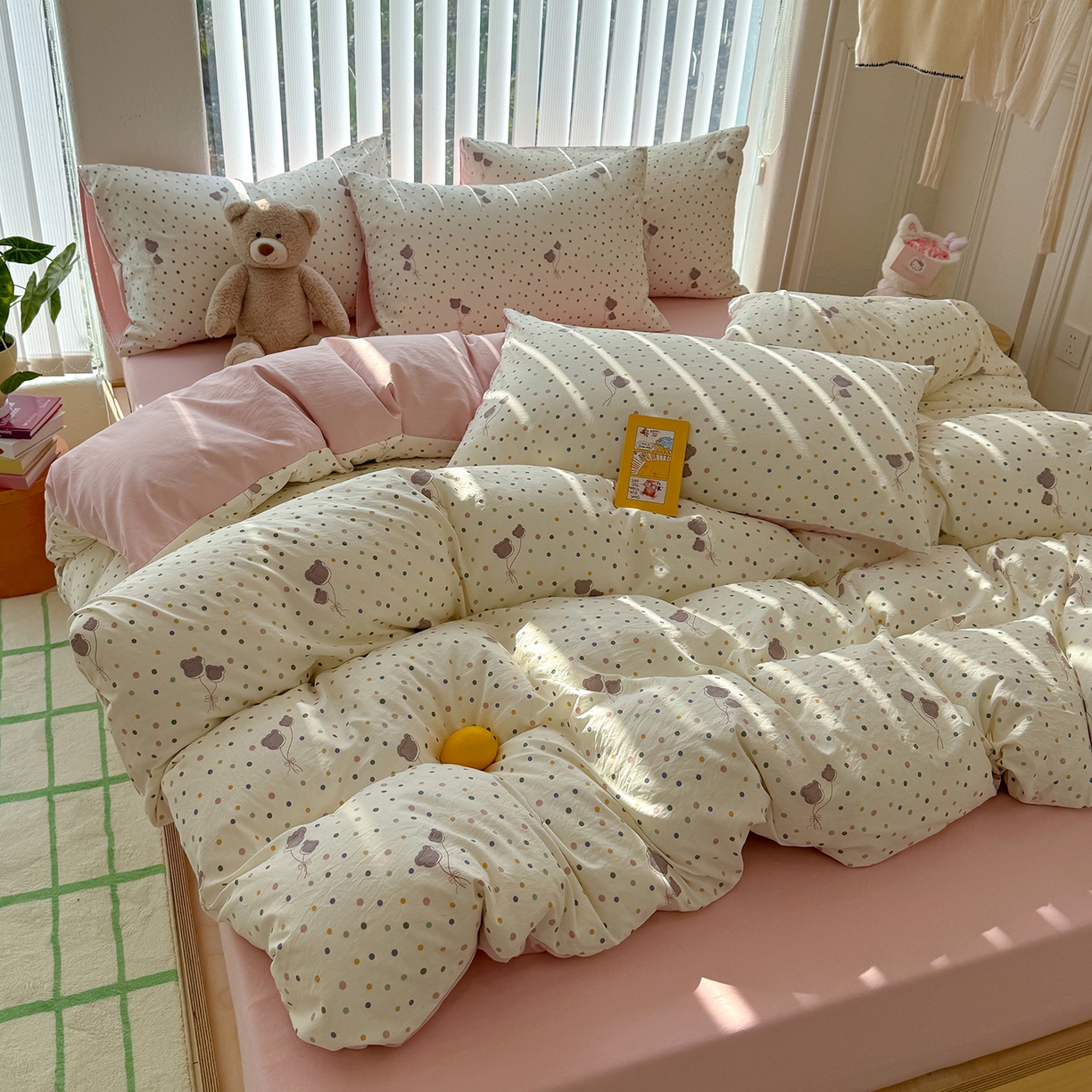 91家纺网 家纺一手货源 找家纺 竹合家纺 2026新款春款A类古法水洗仿棉云感棉小布袋四件套 波点气球