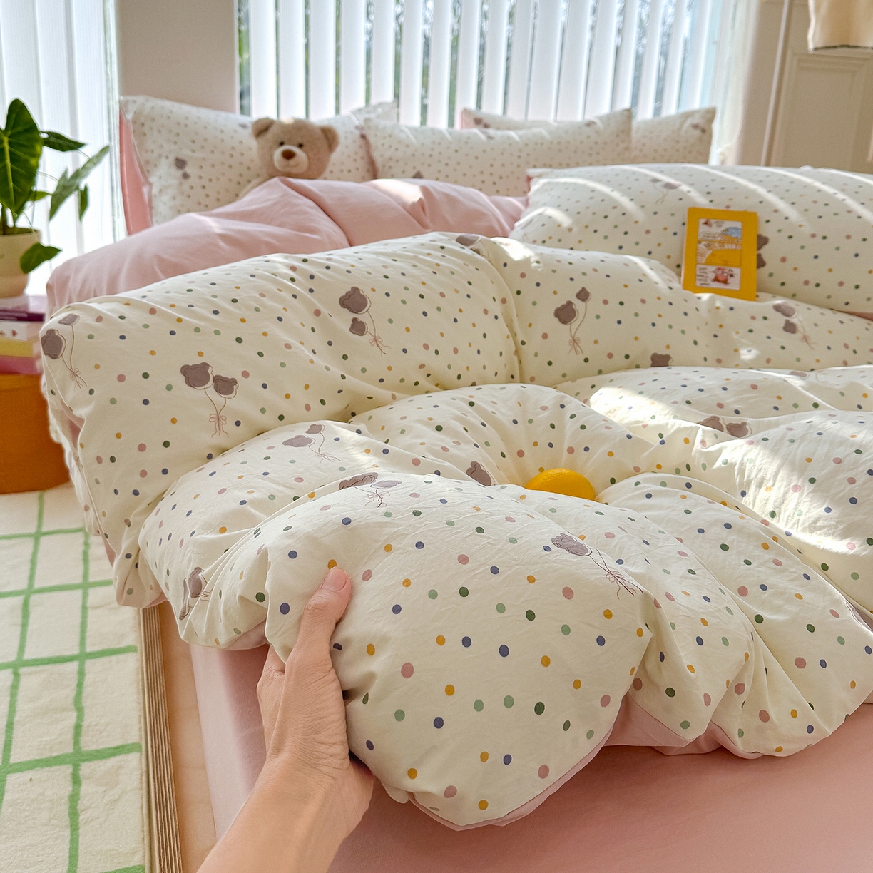 91家纺网 家纺一手货源 找家纺 竹合家纺 2026新款春款A类古法水洗仿棉云感棉小布袋四件套 波点气球