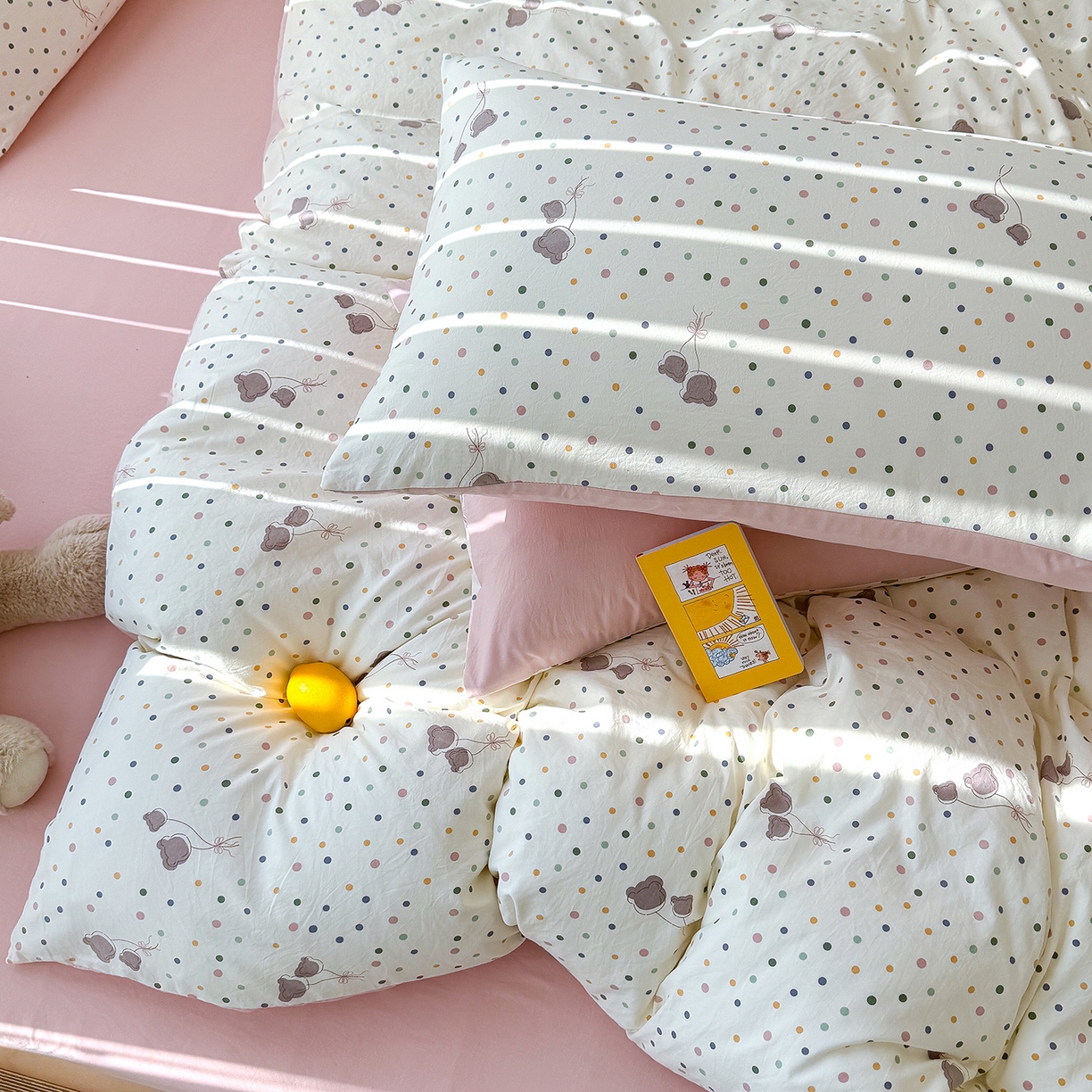 91家纺网 家纺一手货源 找家纺 竹合家纺 2026新款春款A类古法水洗仿棉云感棉小布袋四件套 波点气球