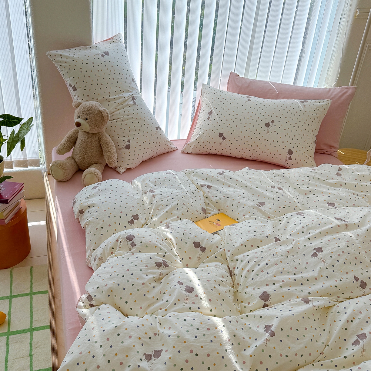 91家纺网 家纺一手货源 找家纺 竹合家纺 2026新款春款A类古法水洗仿棉云感棉小布袋四件套 波点气球