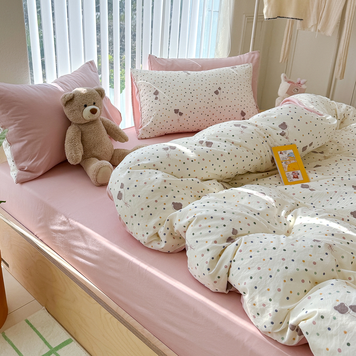 91家纺网 家纺一手货源 找家纺 竹合家纺 2026新款春款A类古法水洗仿棉云感棉小布袋四件套 波点气球